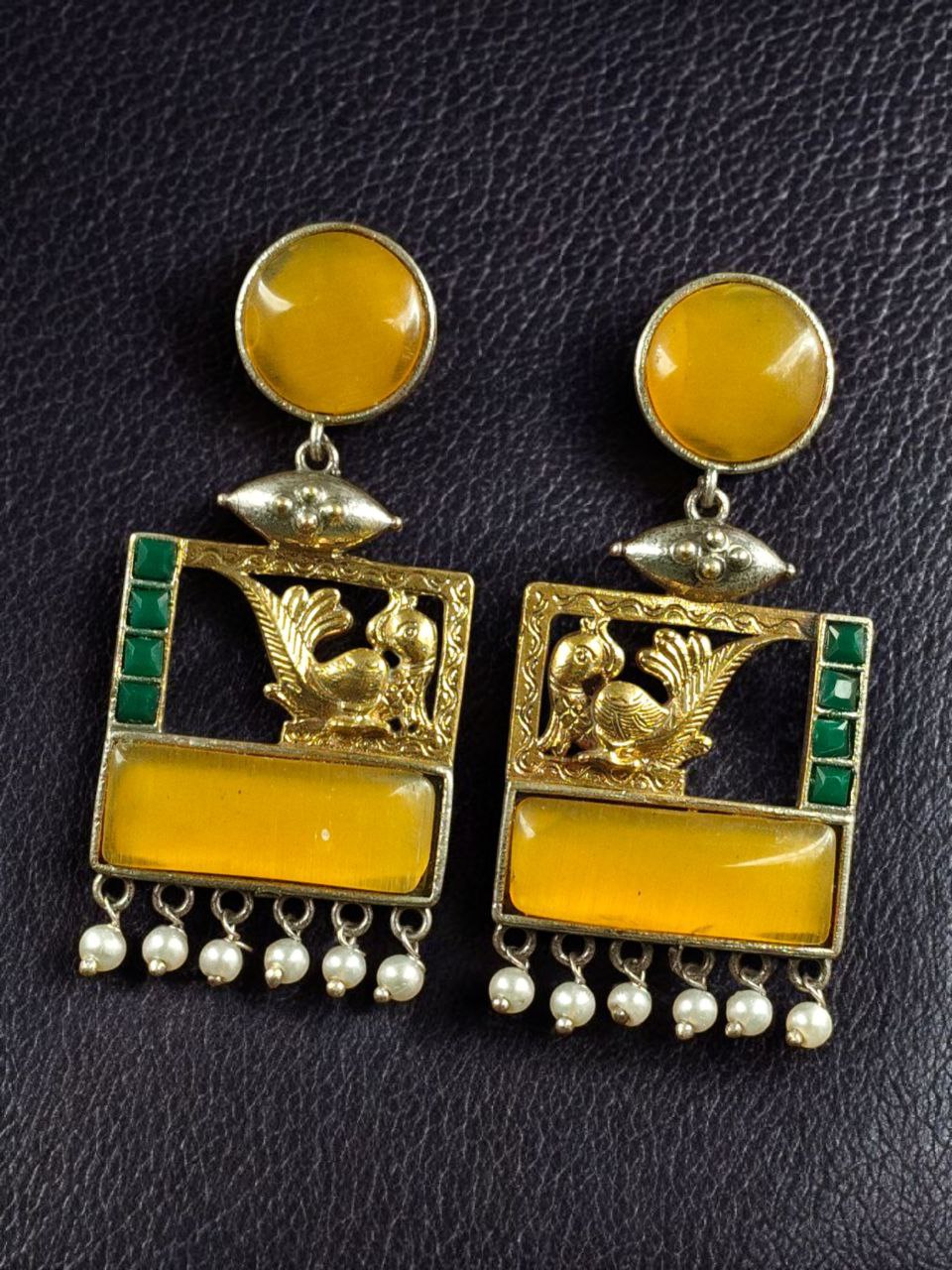 Designer Beautiful Two-Tone Peacock Earrings | Monalisa Stone & Pearl Work Dangler Jewelry 9 Two-tone peacock earrings with Monalisa stone and pearl work