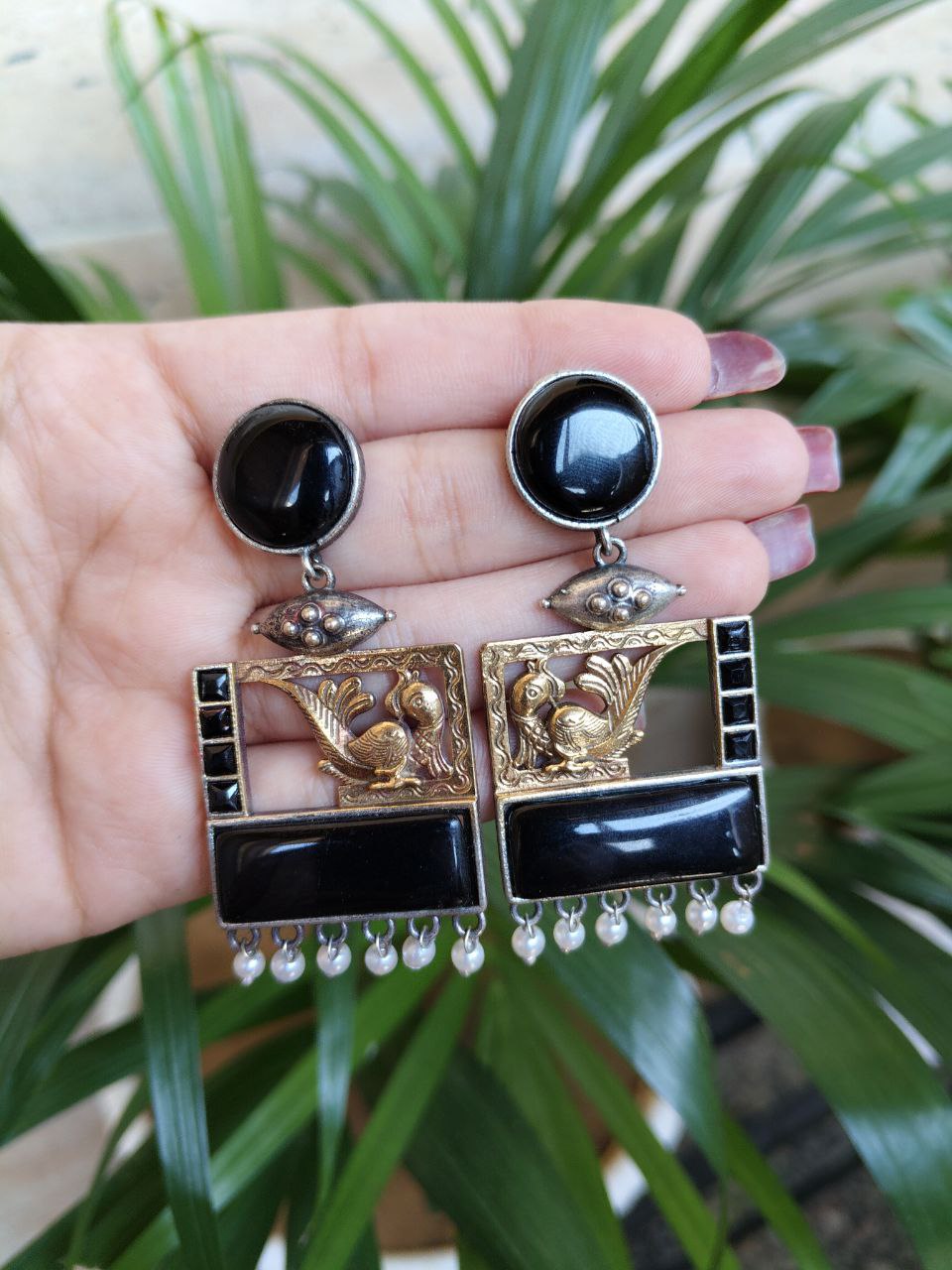 Designer Beautiful Two-Tone Peacock Earrings | Monalisa Stone & Pearl Work Dangler Jewelry 11 Two-tone peacock earrings with Monalisa stone and pearl work