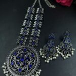 Bulk 22 Oxidized Flower Necklace Set | Silver Plated Stone & Pearl Work Jewelry for Women - "Blue"