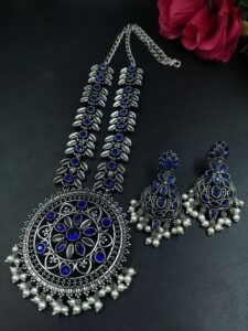 Oxidized Flower Necklace Set | Silver Plated Stone & Pearl Work Jewelry for Women - color: "Blue"