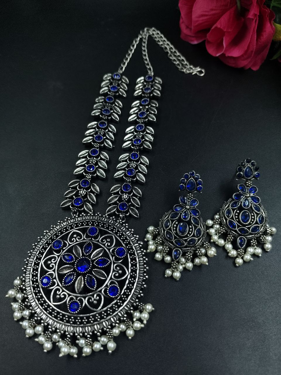 Oxidized Flower Necklace Set | Silver Plated Stone & Pearl Work Jewelry for Women 2 Oxidized Flower Necklace Set | Silver Plated Stone & Pearl Work Jewelry for Women - Image 2
