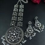 Oxidized Flower Necklace Set | Silver Plated Stone & Pearl Work Jewelry for Women