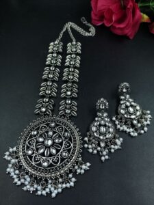 Oxidized Flower Necklace Set | Silver Plated Stone & Pearl Work Jewelry for Women - color: "White"
