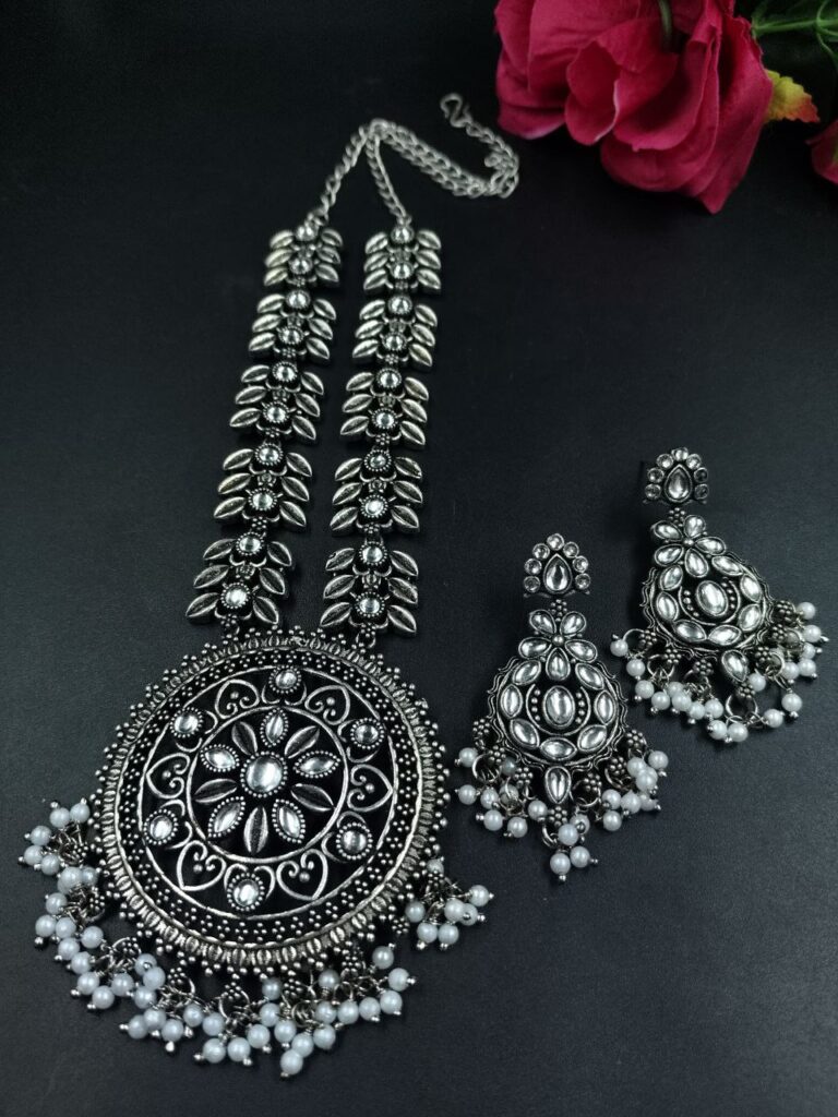 Oxidized Flower Necklace Set | Silver Plated Stone & Pearl Work Jewelry for Women