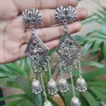 German Silver Peacock Flower Jhumki Dangler Earrings With Traditional Ghungroo Detailing