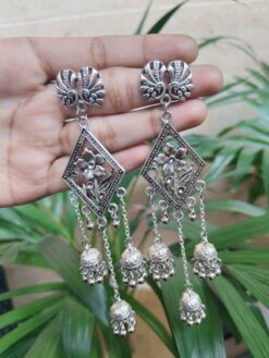 German Silver Peacock Flower Jhumki Dangler Earrings With Traditional Ghungroo Detailing