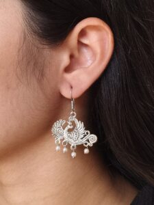 Elegant Peacock Dangler Earrings | German Silver Hook Design with Best Pearl Detailing