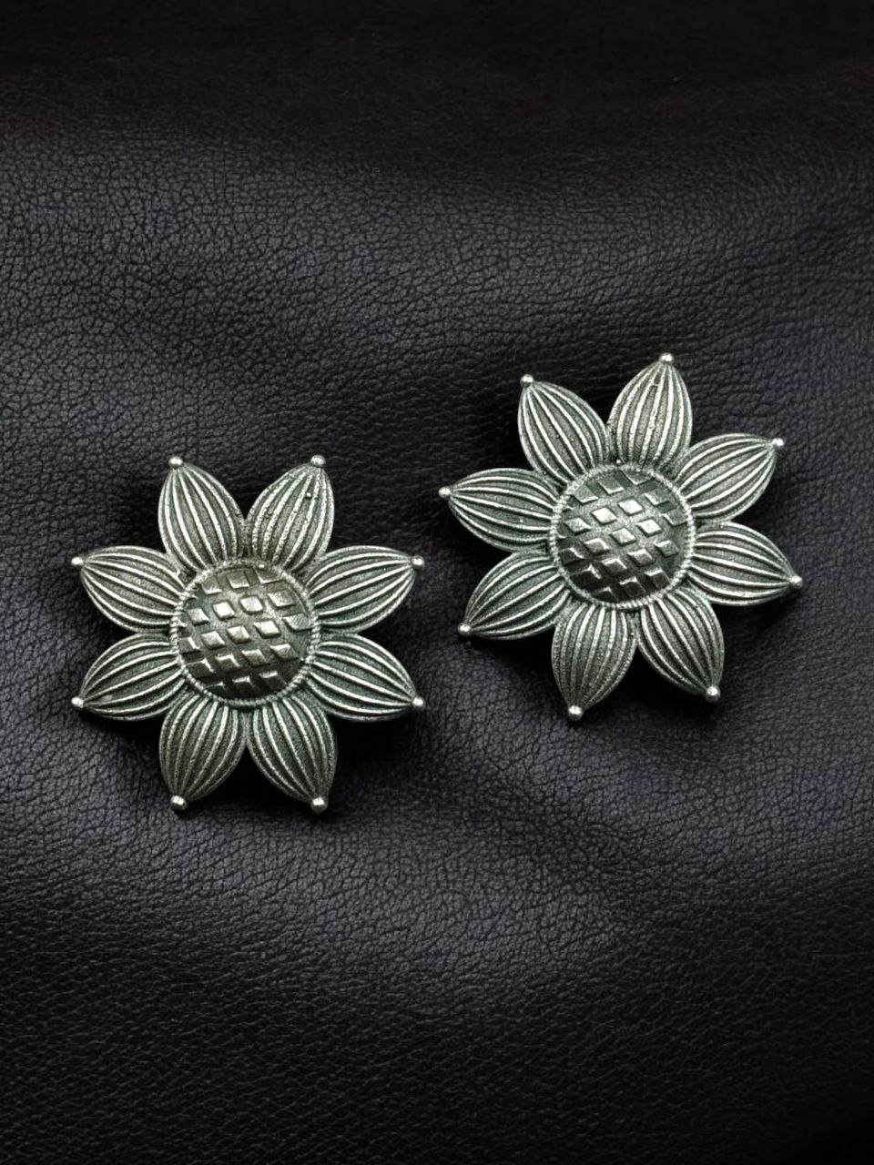 Trendy Oxidized Flower Stud Earrings | Silver Replica Daily Wear Best Jewelry 2 Trendy oxidized flower stud earrings in silver replica finish for daily wear