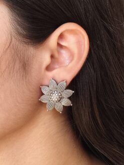 Trendy oxidized flower stud earrings in silver replica finish for daily wear