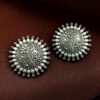 Handcrafted oxidized floral art round stud earrings in silver replica ethnic design