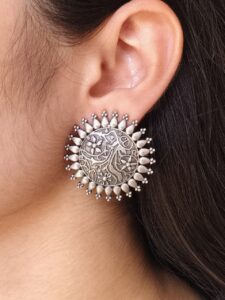 Handcrafted Oxidized Best Floral Art Round Stud Earrings | Silver Replica Ethnic Jewelry