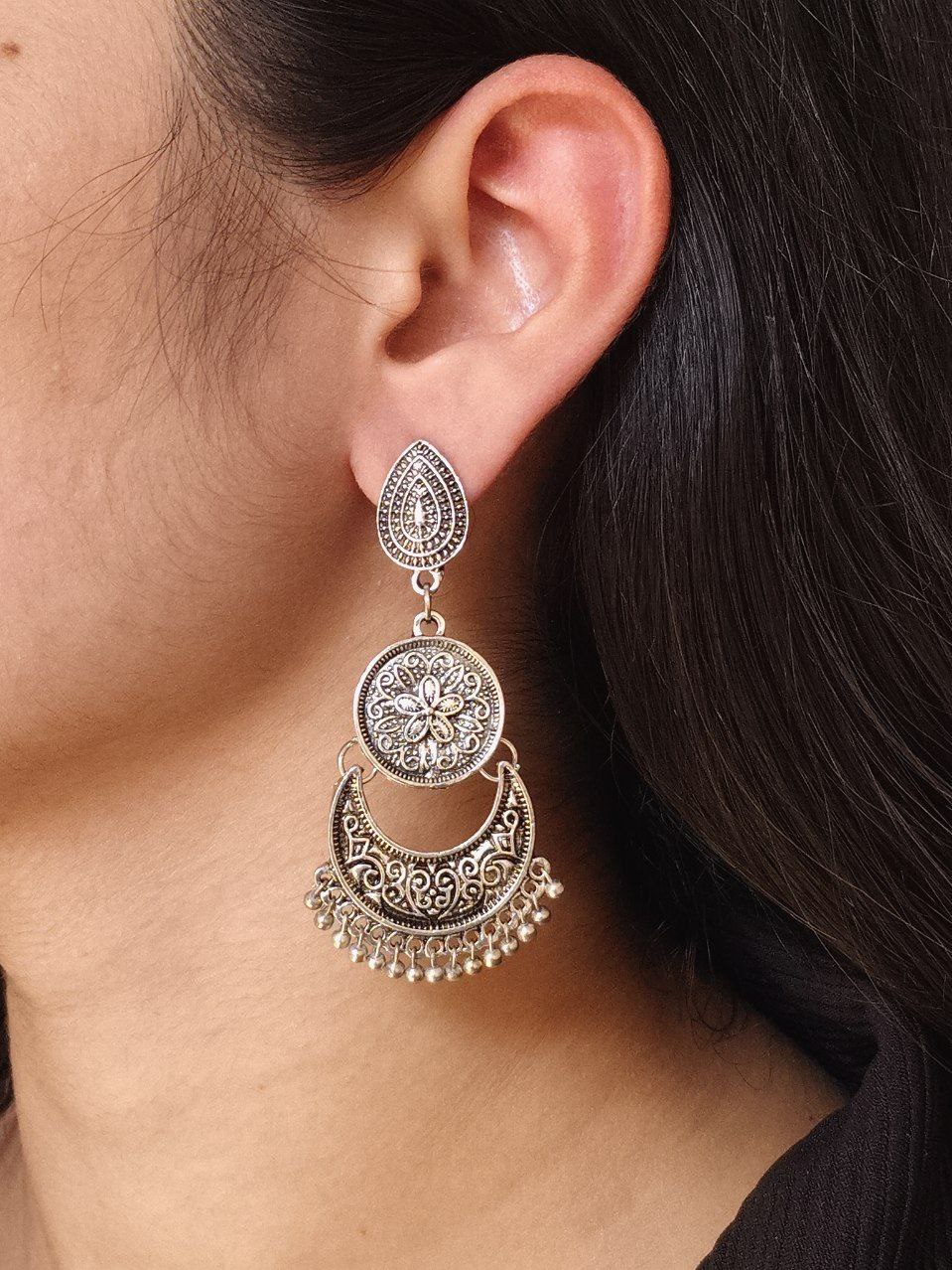 Elegant Flower Dangler Earrings | German Silver Best Floral Art Jewelry 1 Elegant German silver flower dangler earrings with intricate floral art design