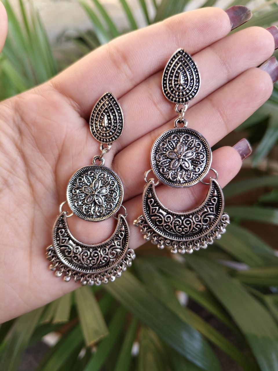 Elegant Flower Dangler Earrings | German Silver Best Floral Art Jewelry 2 Elegant German silver flower dangler earrings with intricate floral art design