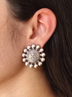 Oxidized Ganesha stud earrings in silver replica design for women, perfect spiritual and ethnic jewelry