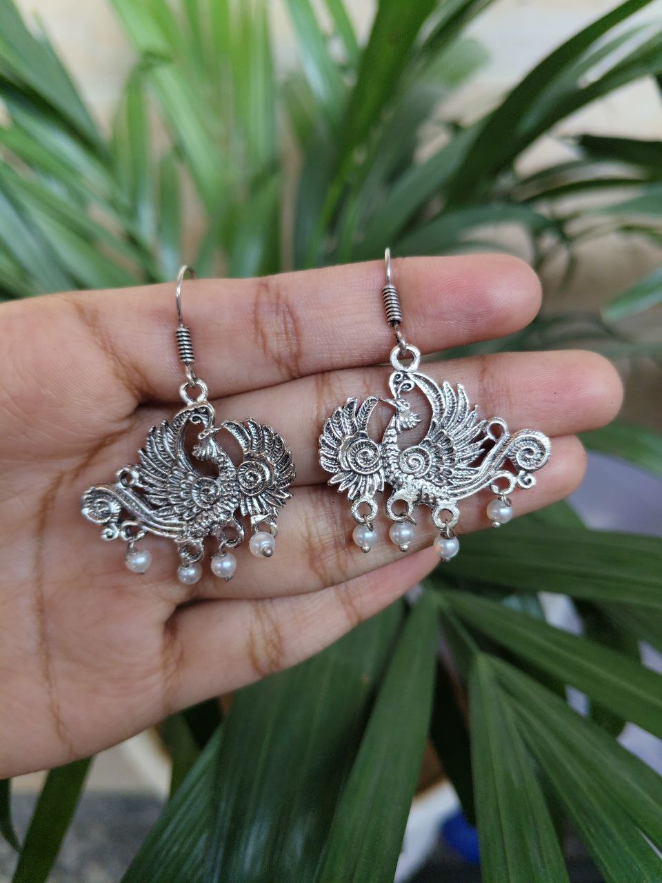 Elegant Peacock Dangler Earrings | German Silver Hook Design with Best Pearl Detailing 2 Elegant Peacock Dangler Earrings | German Silver Hook Design with Best Pearl Detailing - Image 2