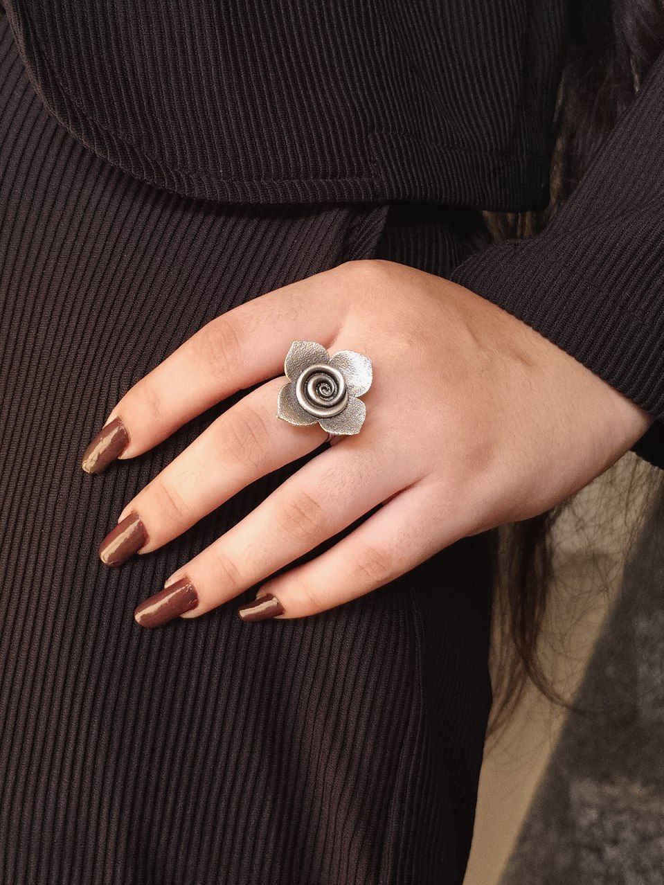 Trendy Adjustable Flower Ring | Oxidized Silver Replica Perfect Jewelry for Girls 4 Oxidized silver replica adjustable flower ring for girls, handcrafted ethnic jewelry design