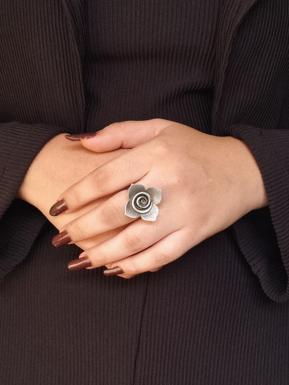 Trendy Adjustable Flower Ring | Oxidized Silver Replica Perfect Jewelry for Girls 2 Oxidized silver replica adjustable flower ring for girls, handcrafted ethnic jewelry design