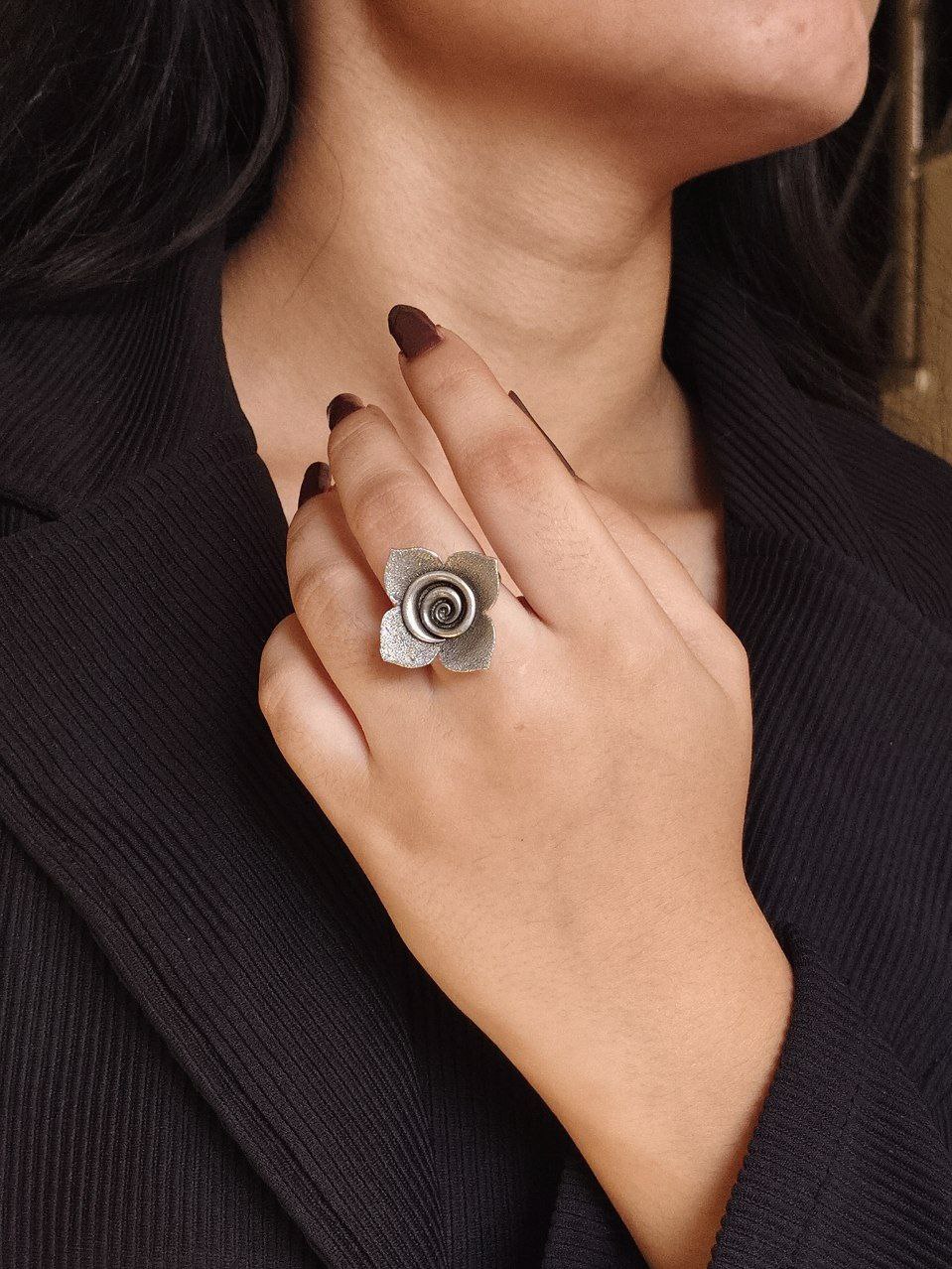 Trendy Adjustable Flower Ring | Oxidized Silver Replica Perfect Jewelry for Girls 1 Oxidized silver replica adjustable flower ring for girls, handcrafted ethnic jewelry design