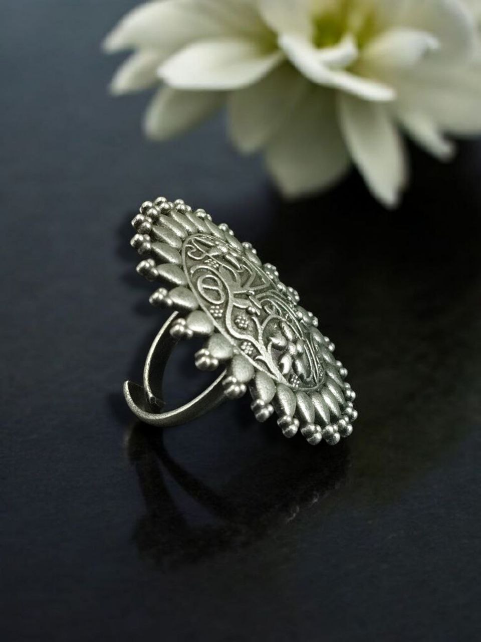 Vintage Look Floral Art Ring | Best Oxidized Silver Replica Adjustable Statement Jewelry 3 Vintage floral art oxidized silver adjustable ring