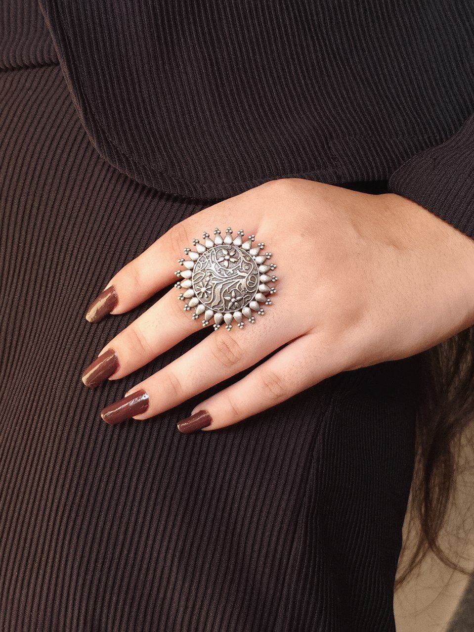 Vintage Look Floral Art Ring | Best Oxidized Silver Replica Adjustable Statement Jewelry 5 Vintage floral art oxidized silver adjustable ring