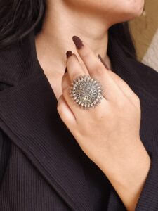 Vintage Look Floral Art Ring | Best Oxidized Silver Replica Adjustable Statement Jewelry