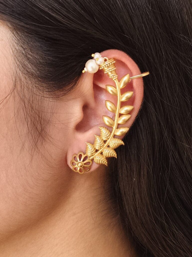 Traditional Leaf Earcuff | Gold Plated Ethnic Pearl Work Best Jewelry for Festive Wear