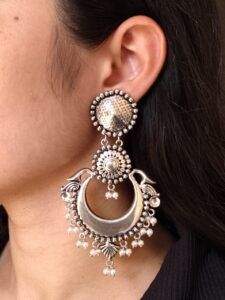 Traditional Chandbali Earrings | Silver Plated Pearl Work Dangler Jewelry for Women