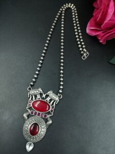 Monalisa Stone Elephant Pendant Necklace | Silver Replica Long Chain Best Jewelry - color: "Red"