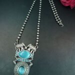 Bulk 178 Monalisa Stone Elephant Pendant Necklace | Silver Replica Long Chain Best Jewelry - "Aqua"