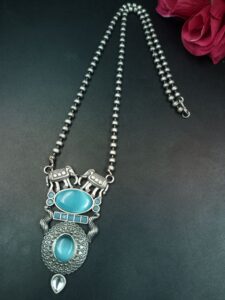 Monalisa Stone Elephant Pendant Necklace | Silver Replica Long Chain Best Jewelry - color: "Aqua"