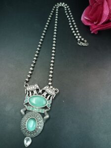 Monalisa Stone Elephant Pendant Necklace | Silver Replica Long Chain Best Jewelry - color: "MInt"