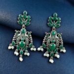 Bulk 128 Elegant Peacock Design Earrings | Silver Replica Dangler with Stone & Pearl Detailing Best Jewelry - "Green"