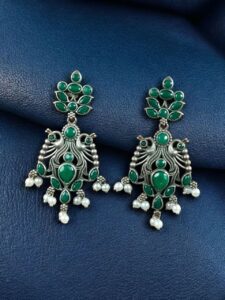 Elegant Peacock Design Earrings | Silver Replica Dangler with Stone & Pearl Detailing Best Jewelry - color: "Green"