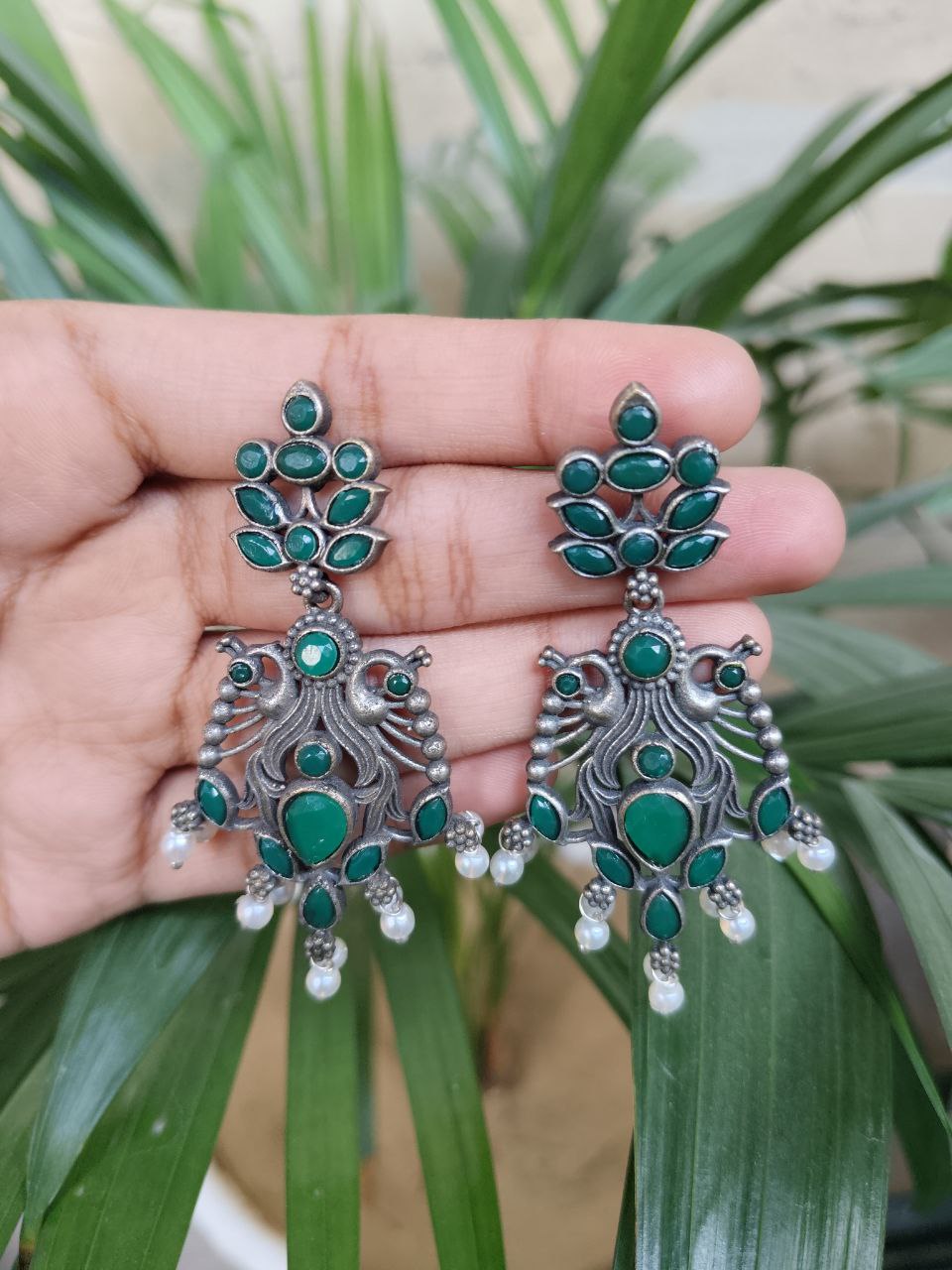 Elegant Peacock Design Earrings | Silver Replica Dangler with Stone & Pearl Detailing Best Jewelry 2 Silver replica peacock dangler earrings with pearl and stone work