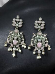 Elegant Peacock Design Earrings | Silver Replica Dangler with Stone & Pearl Detailing Best Jewelry - color: "Baby Pink"