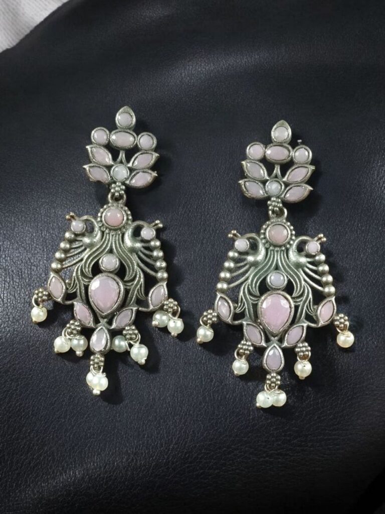 Elegant Peacock Design Earrings | Silver Replica Dangler with Stone & Pearl Detailing Best Jewelry