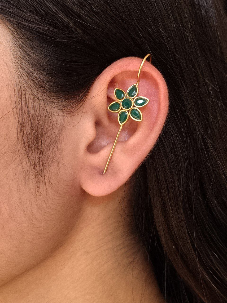 Designer Gold Plated Flower Earcuff | Elegant Stone Work for Daily Wear Perfect Jewelry For Girls 1 Gold plated flower earcuff with stone work