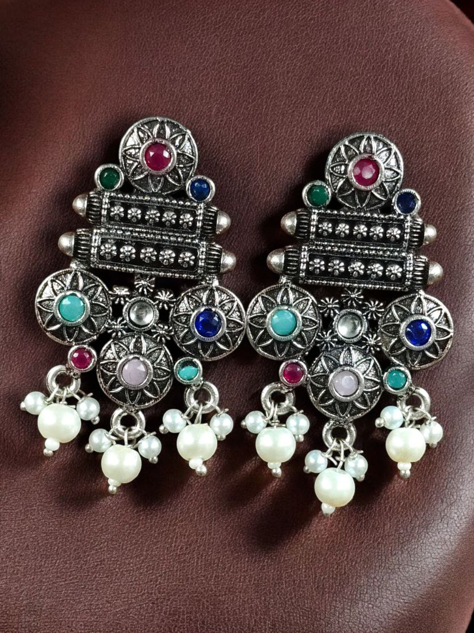 Elegant Flower Design Earrings | German Silver Pearl & Stone Work Perfect Jewelry for Women 10 German Silver Flower Design Earrings with Pearl and Stone Work