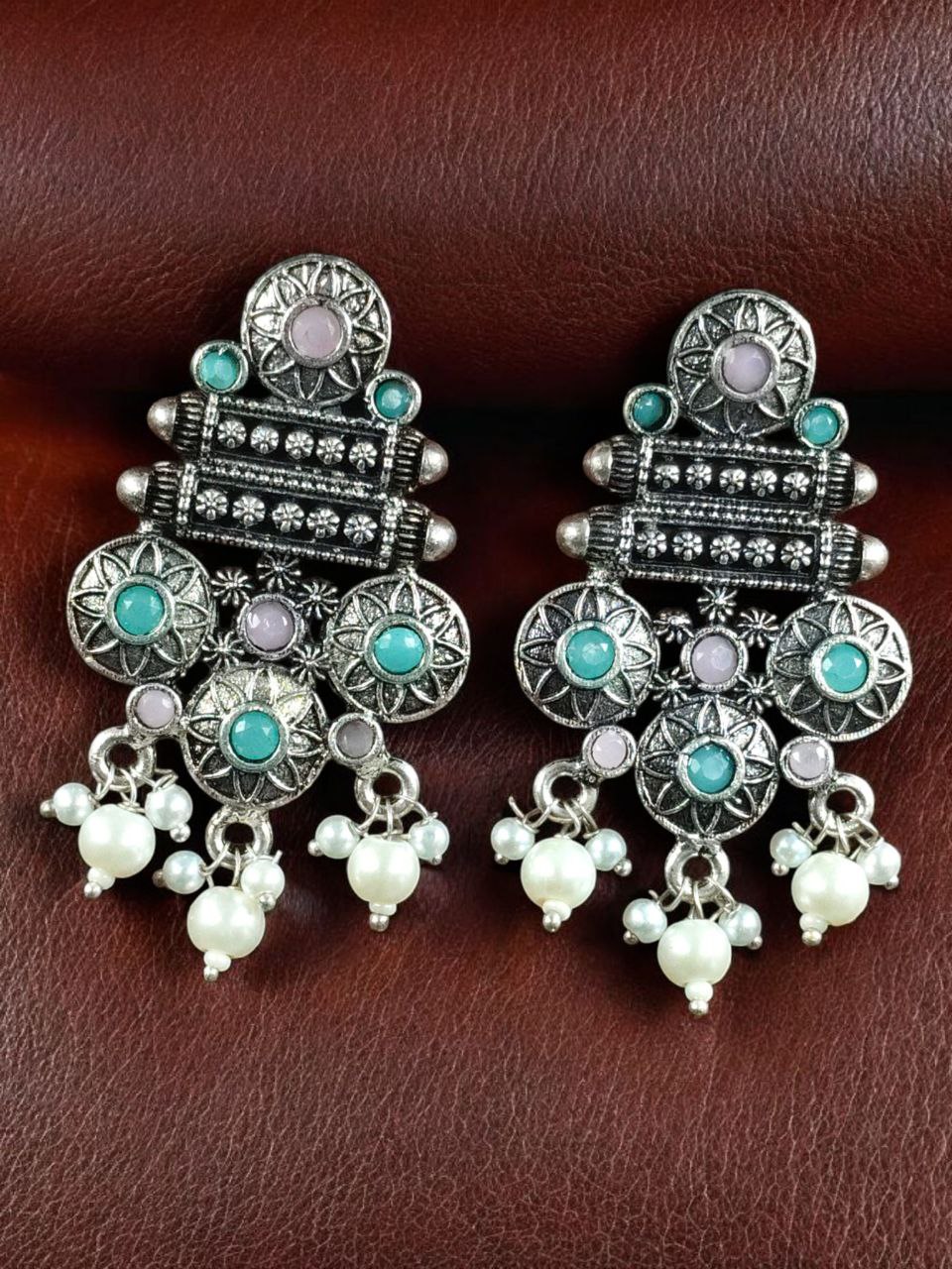 Elegant Flower Design Earrings | German Silver Pearl & Stone Work Perfect Jewelry for Women 9 German Silver Flower Design Earrings with Pearl and Stone Work