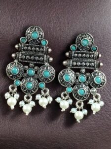 Elegant Flower Design Earrings | German Silver Pearl & Stone Work Perfect Jewelry for Women - color: "Mint"