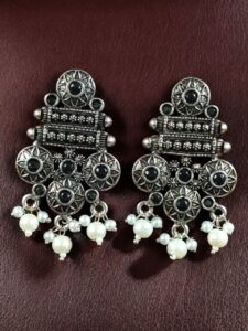 Elegant Flower Design Earrings | German Silver Pearl & Stone Work Perfect Jewelry for Women - color: "Black"