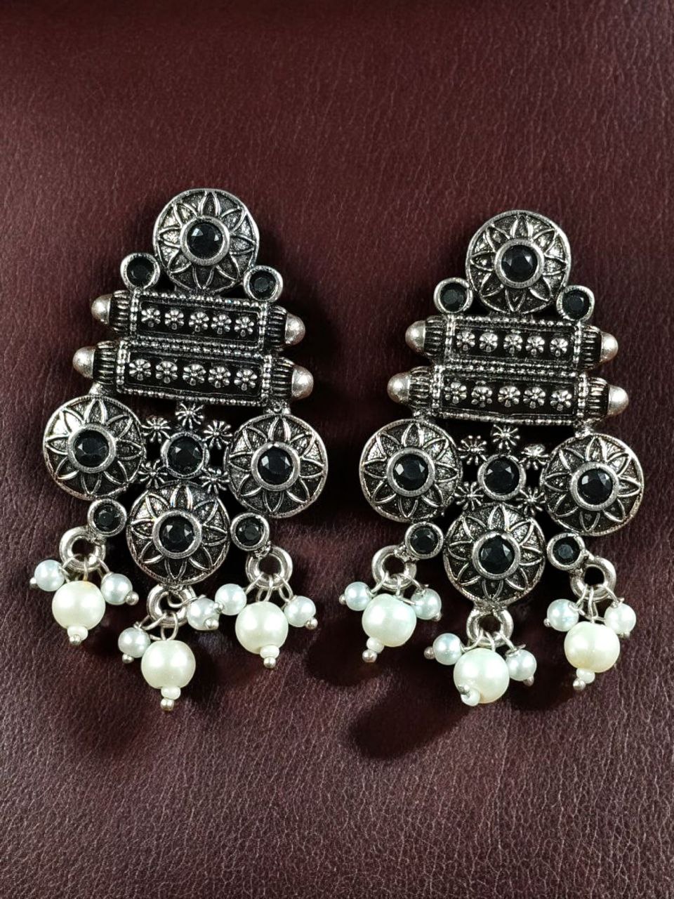 Elegant Flower Design Earrings | German Silver Pearl & Stone Work Perfect Jewelry for Women 8 German Silver Flower Design Earrings with Pearl and Stone Work