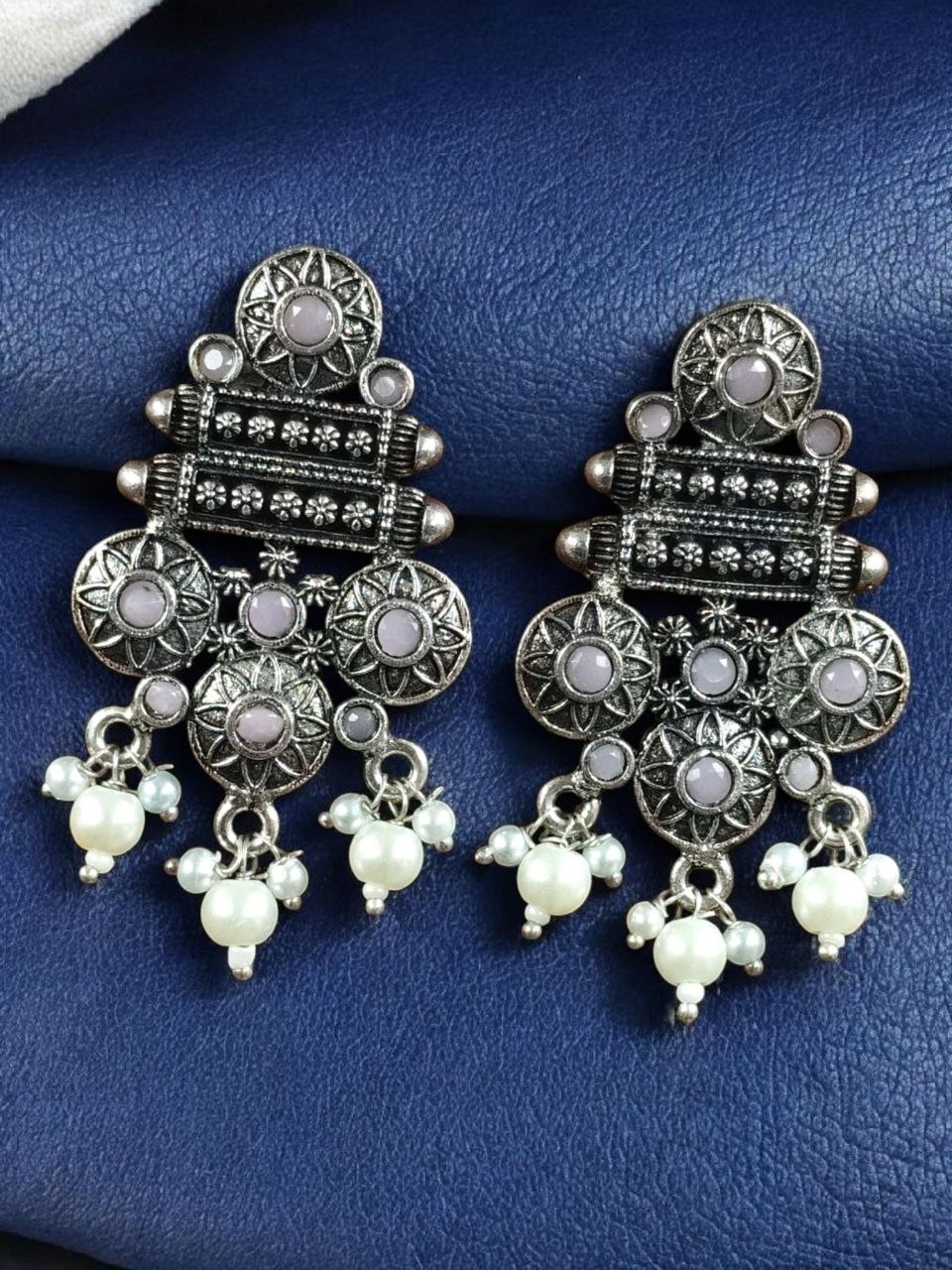 Elegant Flower Design Earrings | German Silver Pearl & Stone Work Perfect Jewelry for Women 11 German Silver Flower Design Earrings with Pearl and Stone Work