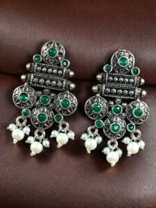Elegant Flower Design Earrings | German Silver Pearl & Stone Work Perfect Jewelry for Women - color: "Green"