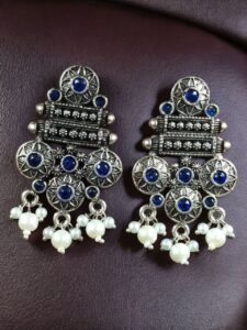 Elegant Flower Design Earrings | German Silver Pearl & Stone Work Perfect Jewelry for Women - color: "Blue"