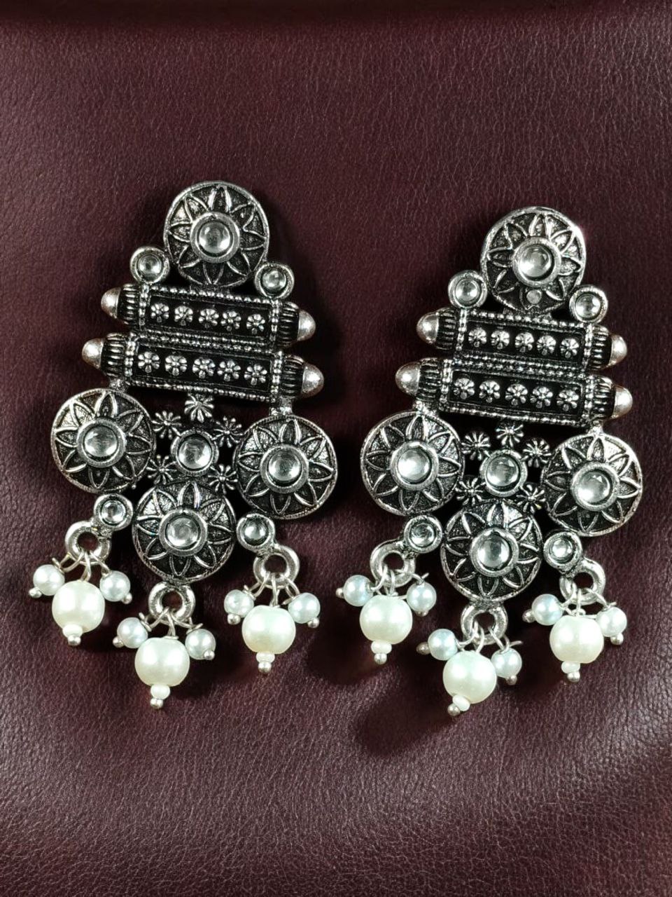Elegant Flower Design Earrings | German Silver Pearl & Stone Work Perfect Jewelry for Women 4 German Silver Flower Design Earrings with Pearl and Stone Work