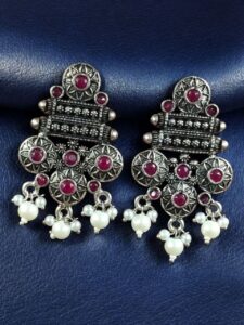 Elegant Flower Design Earrings | German Silver Pearl & Stone Work Perfect Jewelry for Women - color: "Red"