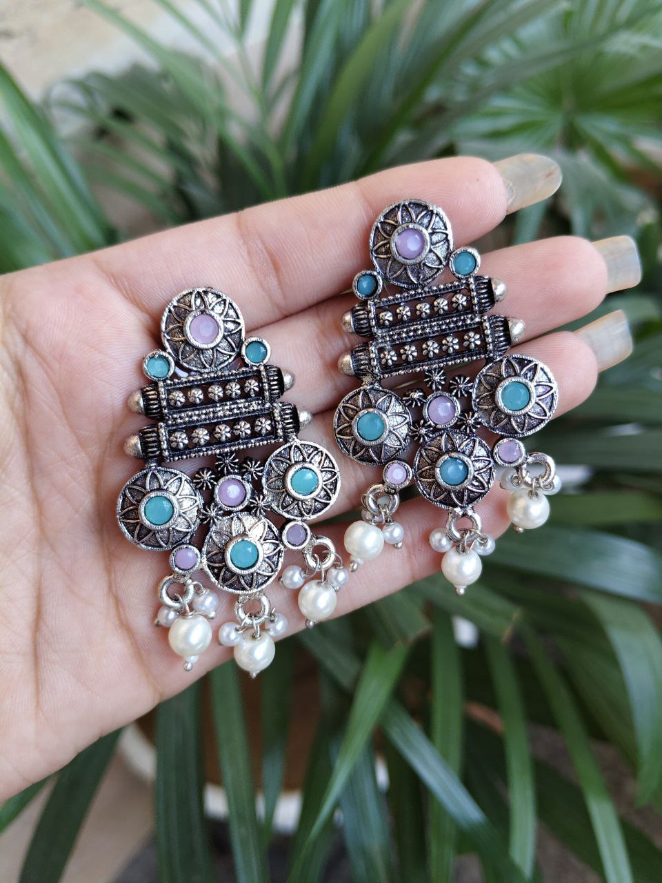 Elegant Flower Design Earrings | German Silver Pearl & Stone Work Perfect Jewelry for Women 2 German Silver Flower Design Earrings with Pearl and Stone Work