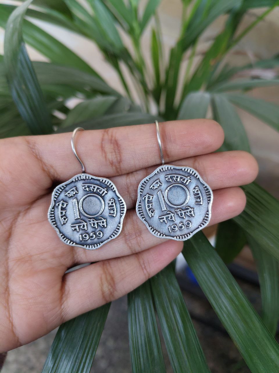 Handcrafted 10 Paisa Coin Earrings | Silver Replica Oxidized Hook Amazing Jewelry for Girls 2 Handcrafted oxidized 10 paisa coin earrings with silver replica hook design