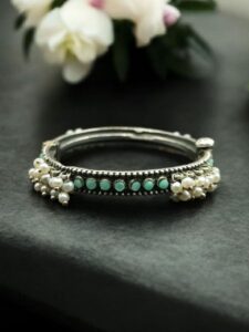 Antique Look Best Silver Replica Bangle | Openable Stone & Pearl Work Ethnic Jewelry - color: "Mint"